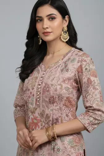 Women pink cotton printed kurta pant set with gota work and lace
