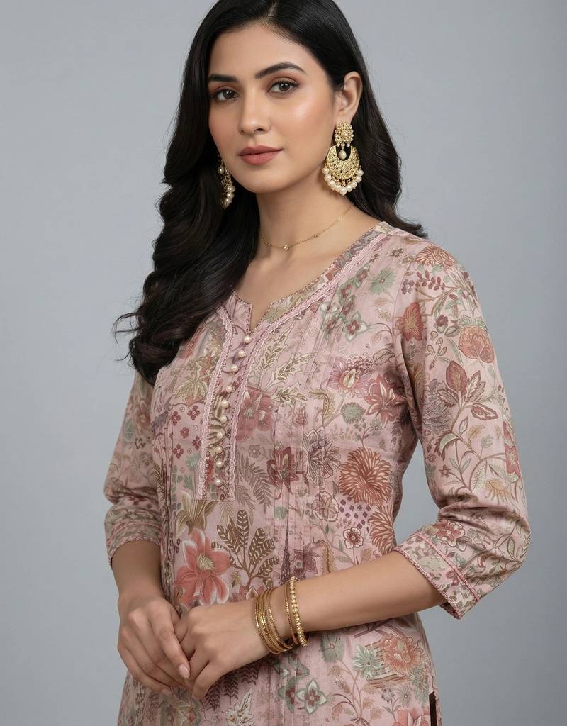 Women pink cotton printed kurta pant set with gota work and lace