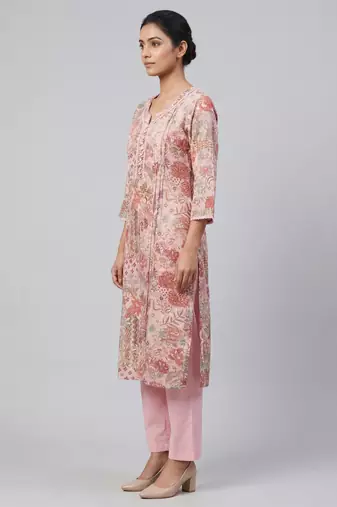 Women pink cotton printed kurta pant set with gota work and lace
