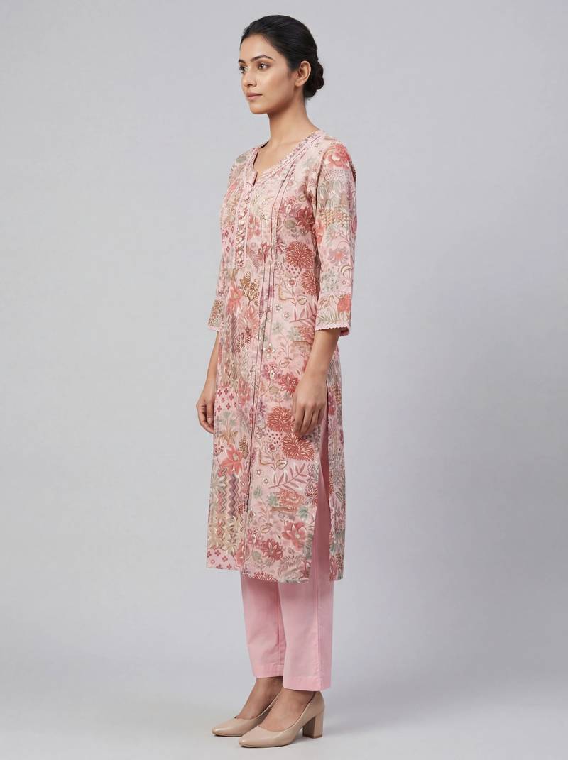 Women pink cotton printed kurta pant set with gota work and lace
