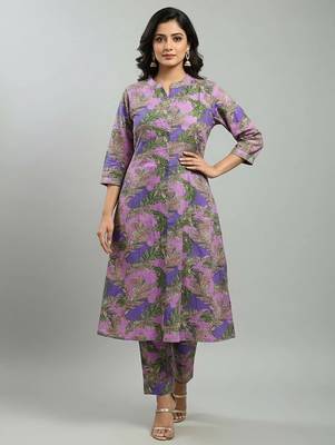 Women purple cotton printed a line kurta pant set 1