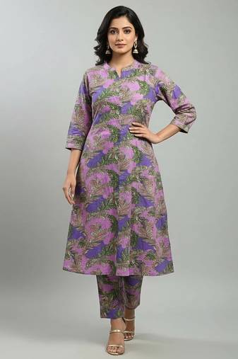 Women purple cotton printed a line kurta pant set