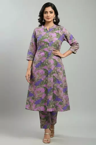 Women purple cotton printed a line kurta pant set