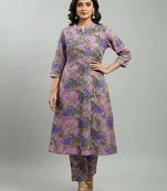 Women purple cotton printed a line kurta pant set