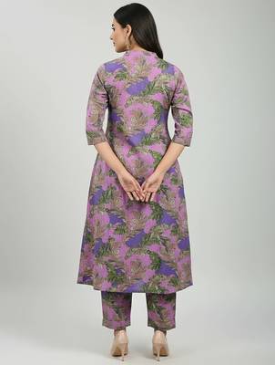 Women purple cotton printed a line kurta pant set 2