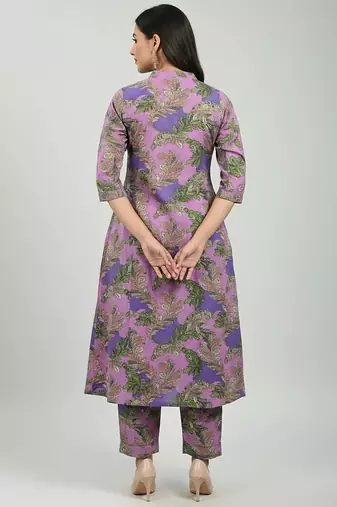Women purple cotton printed a line kurta pant set