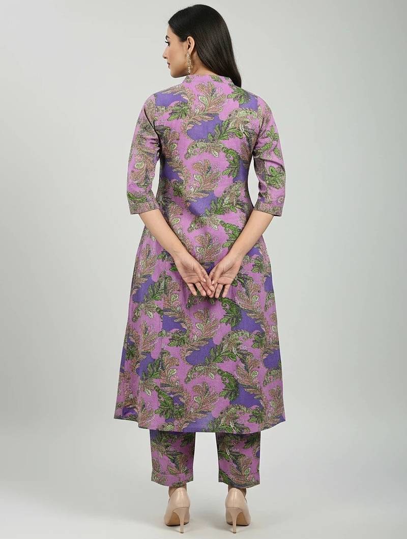 Women purple cotton printed a line kurta pant set
