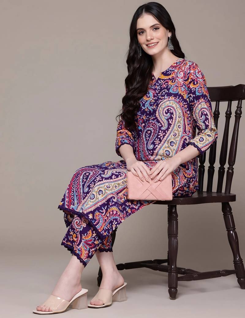 Straight rayon printed kurta with pant for women and girls