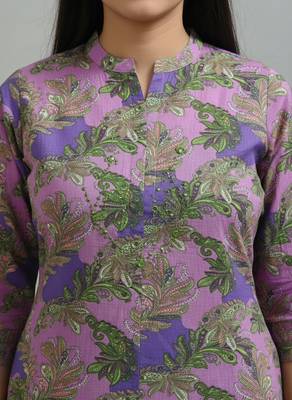Women purple cotton printed a line kurta pant set 3