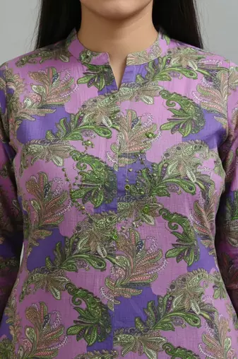 Women purple cotton printed a line kurta pant set