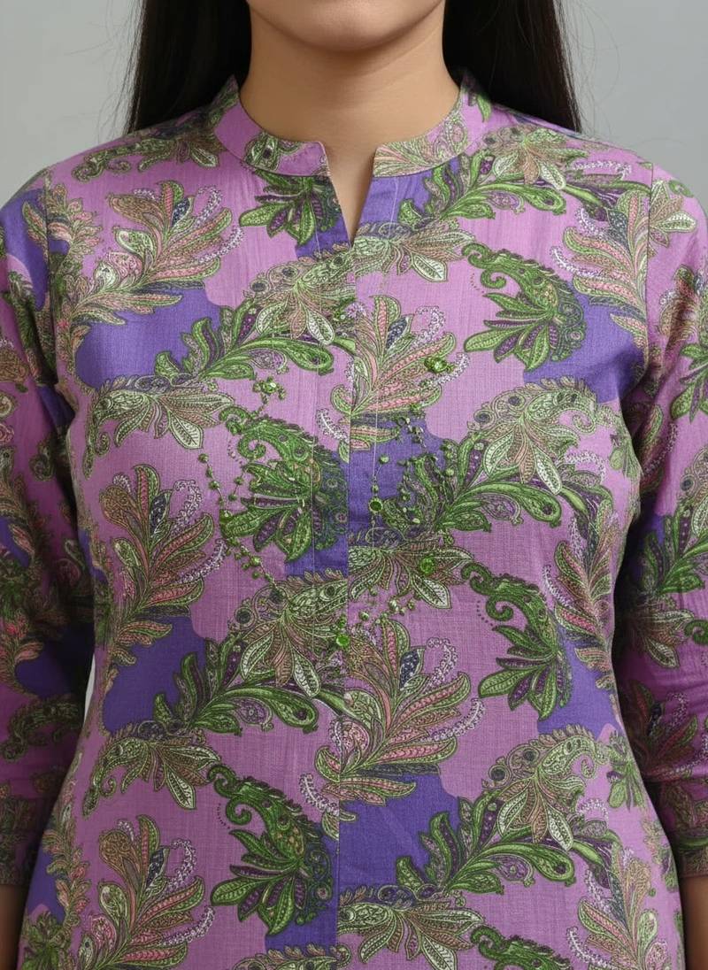 Women purple cotton printed a line kurta pant set