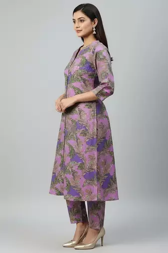 Women purple cotton printed a line kurta pant set