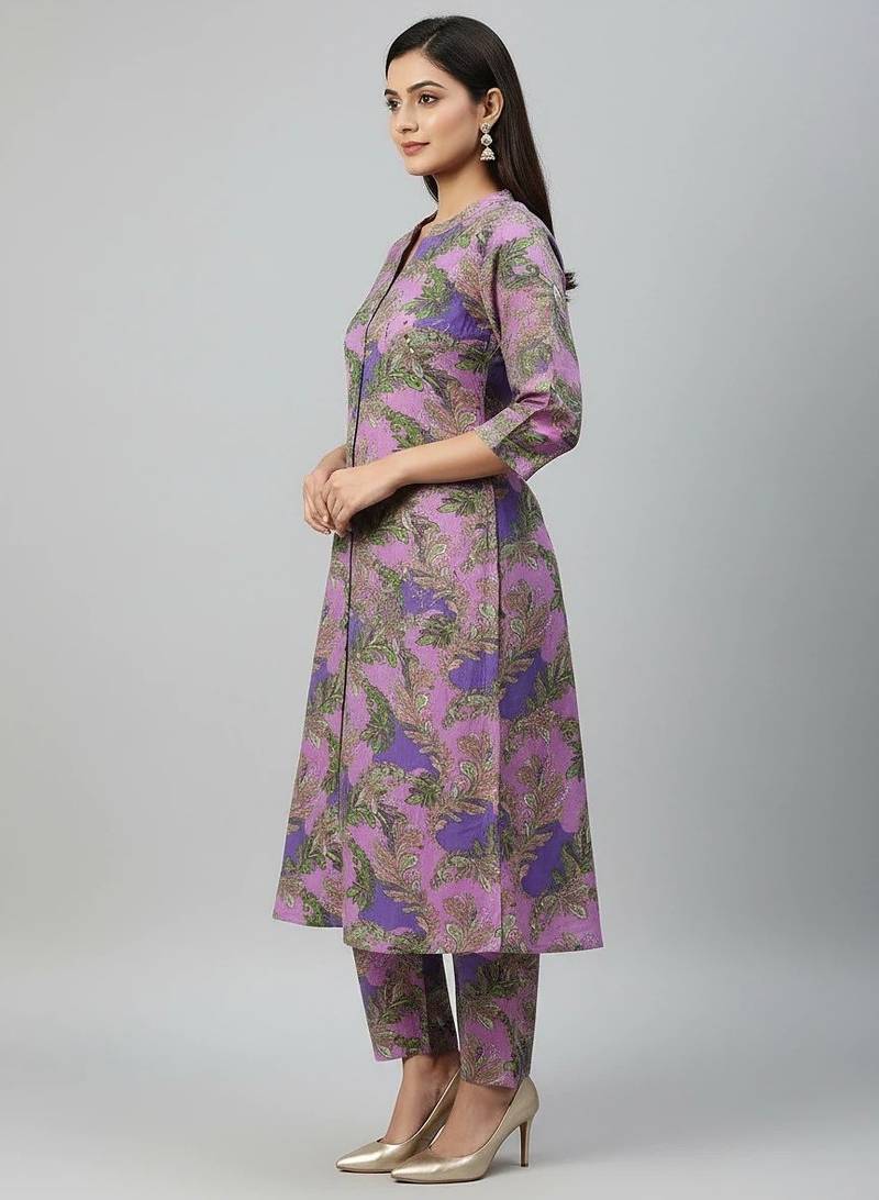 Women purple cotton printed a line kurta pant set