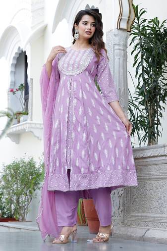 Anarkali rayon printed embroidered kurta pant and dupatta set for women and girls