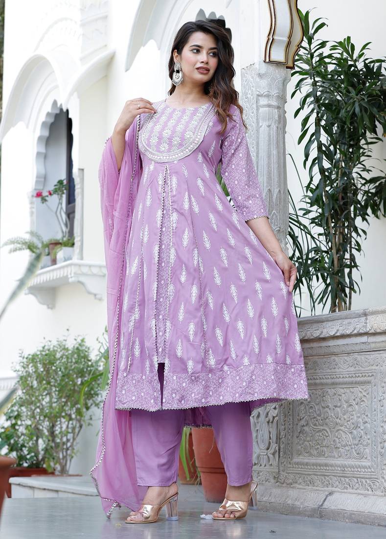 Anarkali rayon printed embroidered kurta pant and dupatta set for women and girls