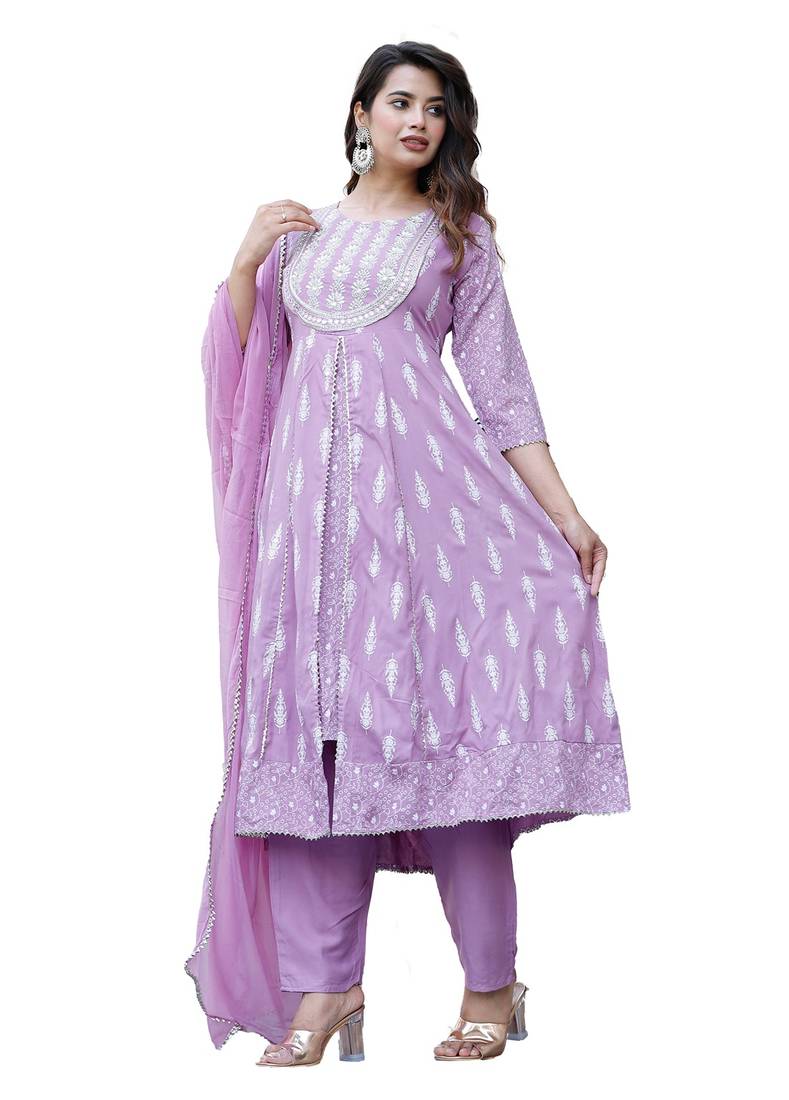 Anarkali rayon printed embroidered kurta pant and dupatta set for women and girls