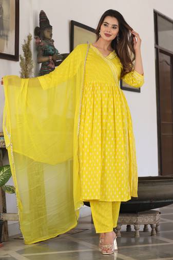 Anarkali rayon printed embroidered kurta pant and dupatta set for women and girls