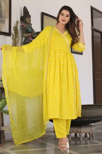 Anarkali rayon printed embroidered kurta pant and dupatta set for women and girls