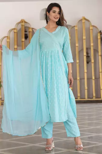 Anarkali rayon printed embroidered kurta pant and dupatta set for women and girls