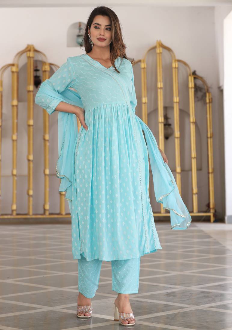 Anarkali rayon printed embroidered kurta pant and dupatta set for women and girls