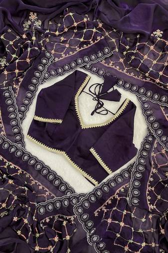 Purple fendy satin with beads embroidered work with stone border work saree with unstitched blouse