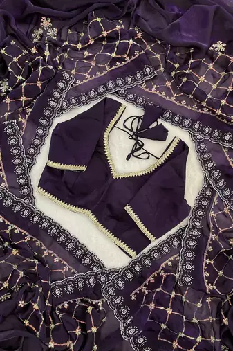 Purple fendy satin with beads embroidered work with stone border work saree with unstitched blouse