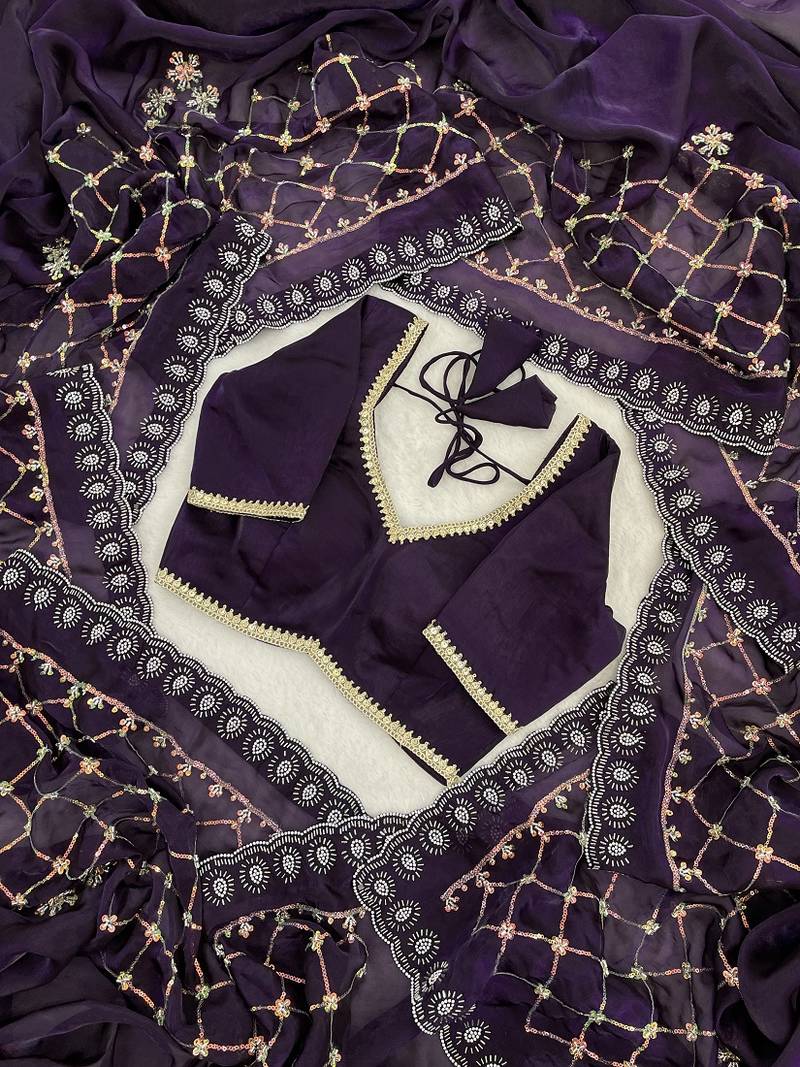 Purple fendy satin with beads embroidered work with stone border work saree with unstitched blouse