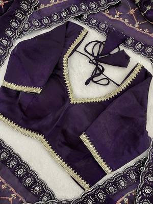 Purple fendy satin with beads embroidered work with stone border work saree with unstitched blouse 2