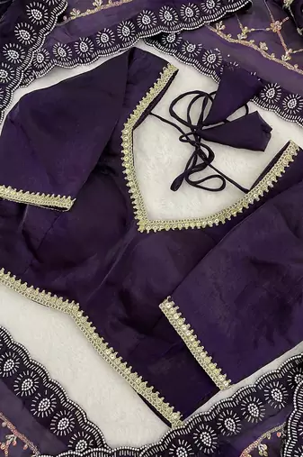 Purple fendy satin with beads embroidered work with stone border work saree with unstitched blouse