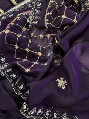 Purple fendy satin with beads embroidered work with stone border work saree with unstitched blouse 3