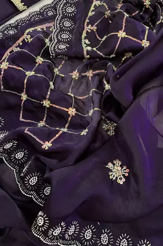 Purple fendy satin with beads embroidered work with stone border work saree with unstitched blouse