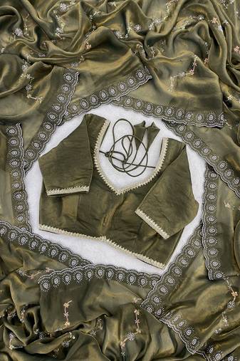 Mehendi fendy satin with beads embroidered work with stone border work saree with unstitched blouse