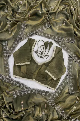 Mehendi fendy satin with beads embroidered work with stone border work saree with unstitched blouse