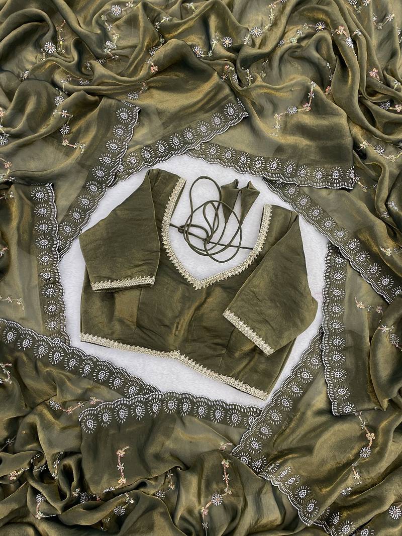 Mehendi fendy satin with beads embroidered work with stone border work saree with unstitched blouse