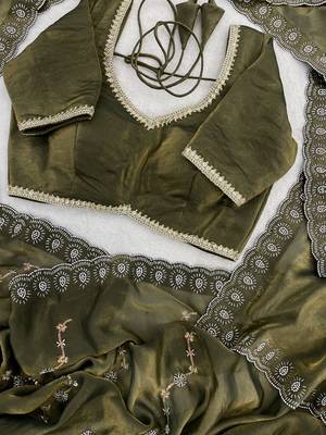 Mehendi fendy satin with beads embroidered work with stone border work saree with unstitched blouse 2