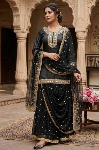 Heavy Malay Silk Sequence Work Black Lehenga Suit