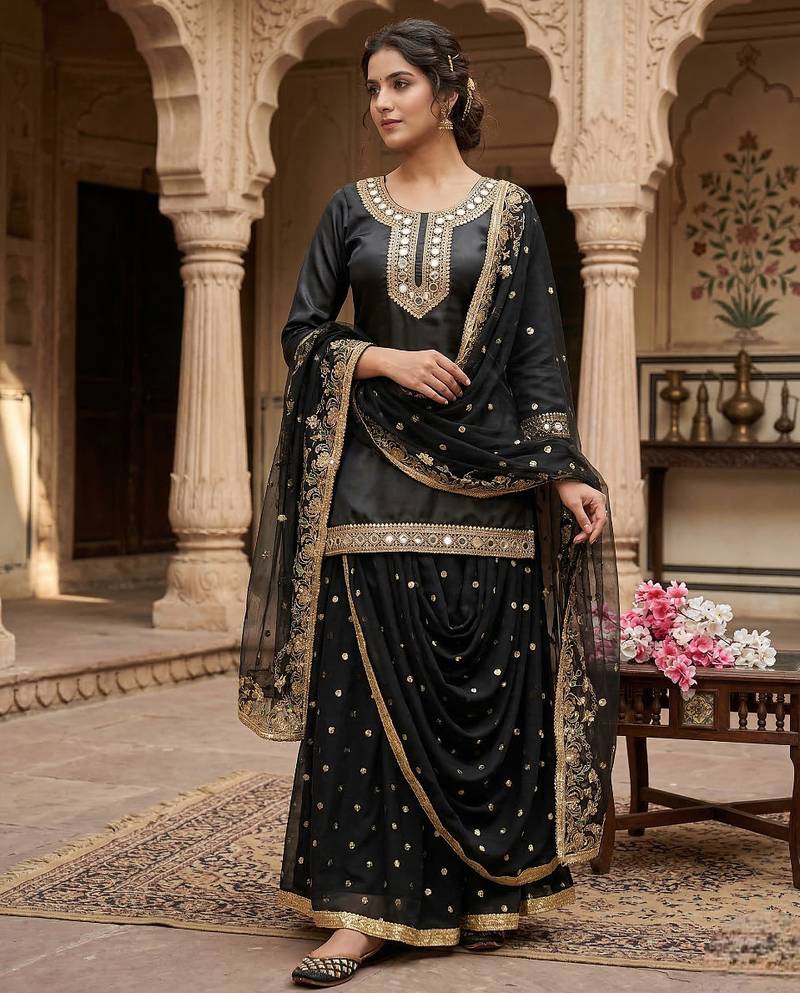Heavy Malay Silk Sequence Work Black Lehenga Suit