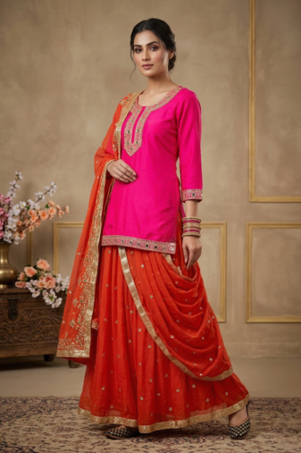 Heavy Malay Silk Sequence Work Pink With Orange Lehenga Suit