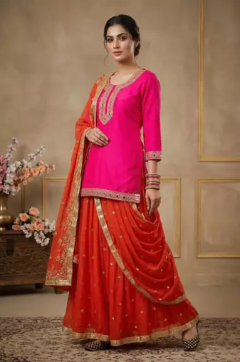 Heavy Malay Silk Sequence Work Pink With Orange Lehenga Suit