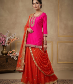 Heavy Malay Silk Sequence Work Pink With Orange Lehenga Suit