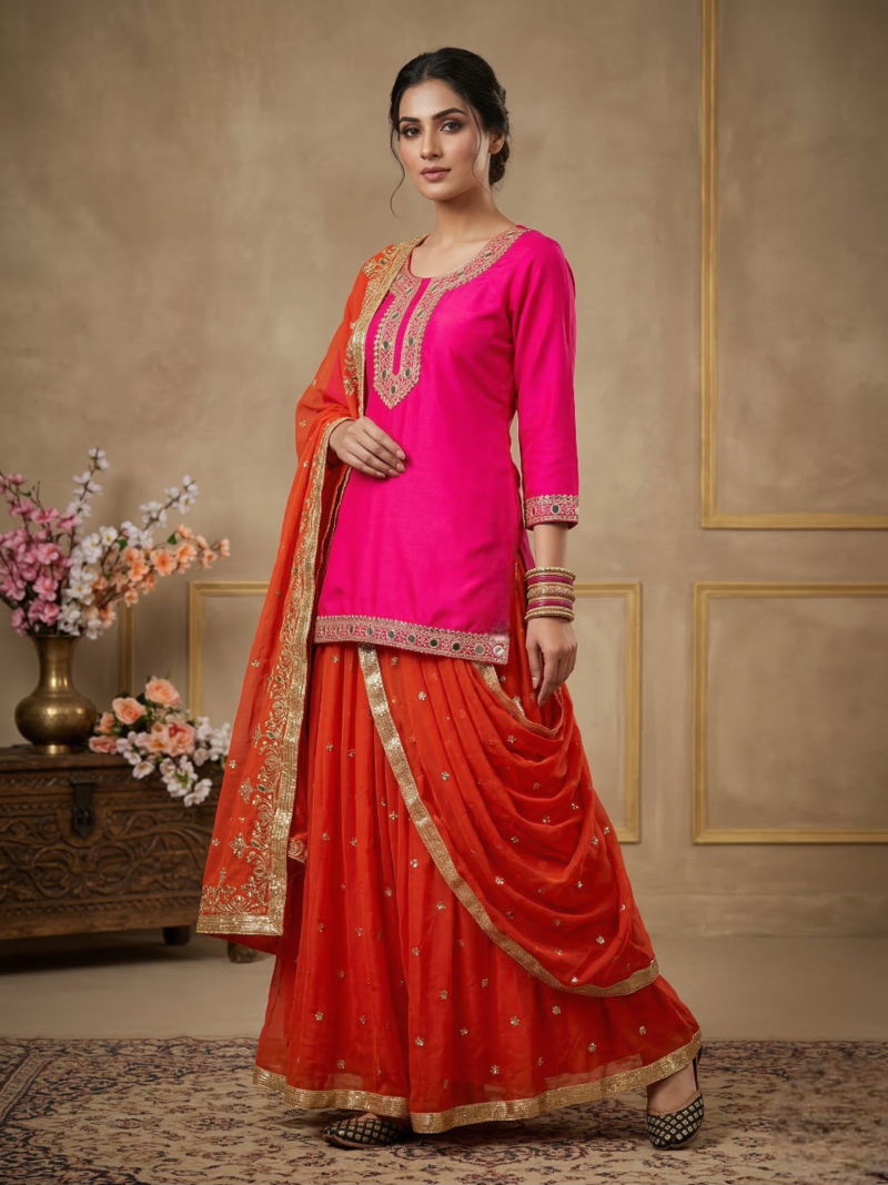 Heavy Malay Silk Sequence Work Pink With Orange Lehenga Suit