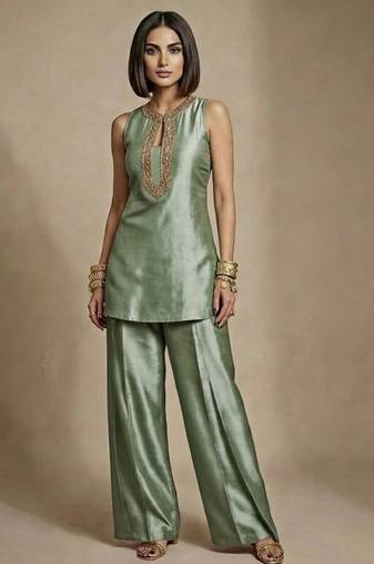 Sage green embroidered raw silk co ord set
