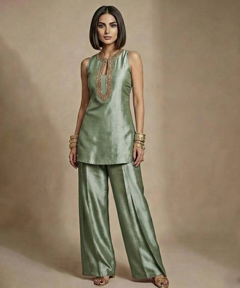 Sage green embroidered raw silk co ord set