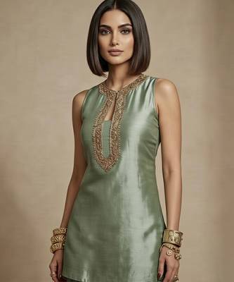 Sage green embroidered raw silk co ord set 2