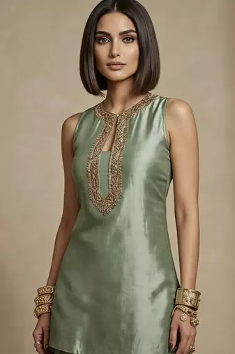 Sage green embroidered raw silk co ord set