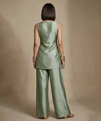 Sage green embroidered raw silk co ord set 3