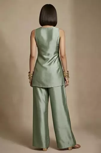 Sage green embroidered raw silk co ord set