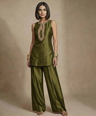Olive green embroidered raw silk co ord set 1