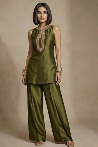 Olive green embroidered raw silk co ord set
