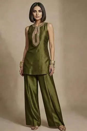 Olive green embroidered raw silk co ord set